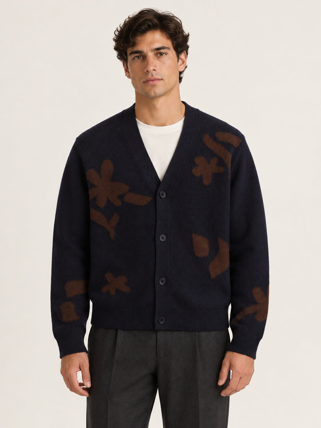Navy And Brown Felted Applique Knit Cardigan