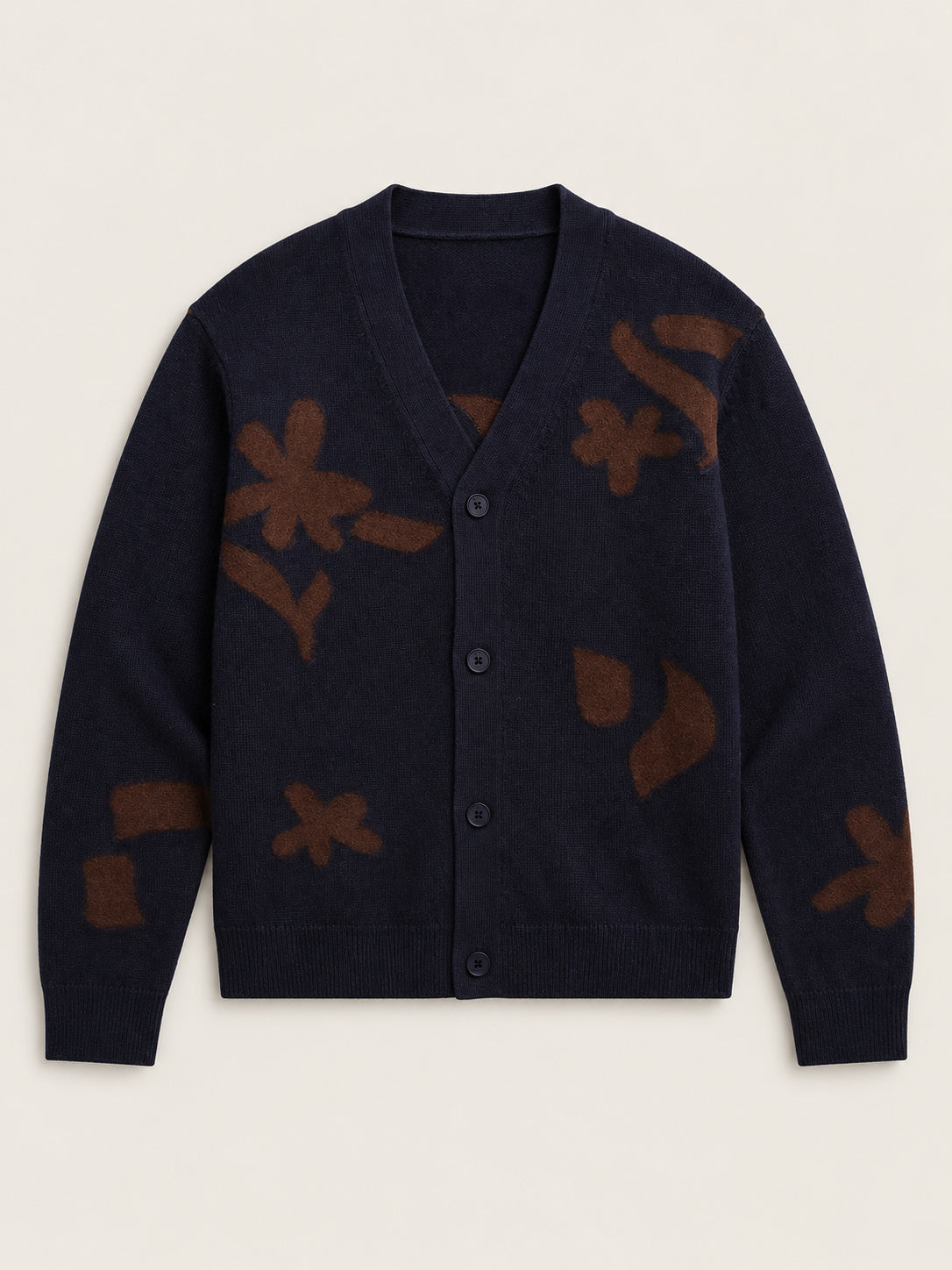 Navy And Brown Felted Applique Knit Cardigan