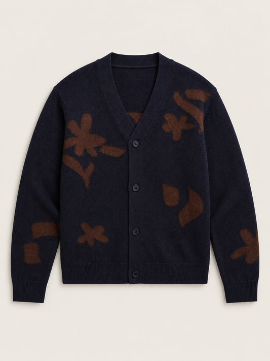 Navy And Brown Felted Applique Knit Cardigan