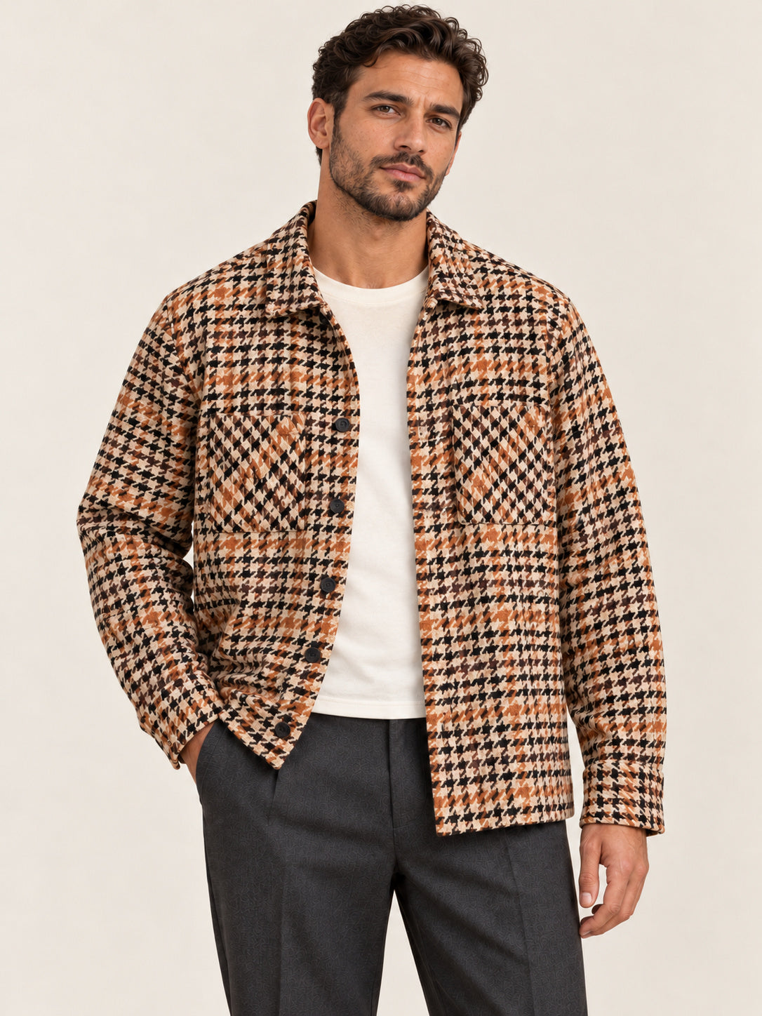 Natural Houndstooth-Weave Overshirt