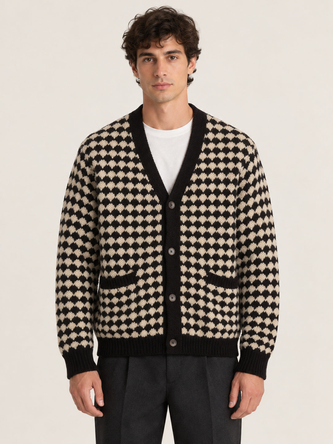 Black And Ecru Bubble Knit Cardigan