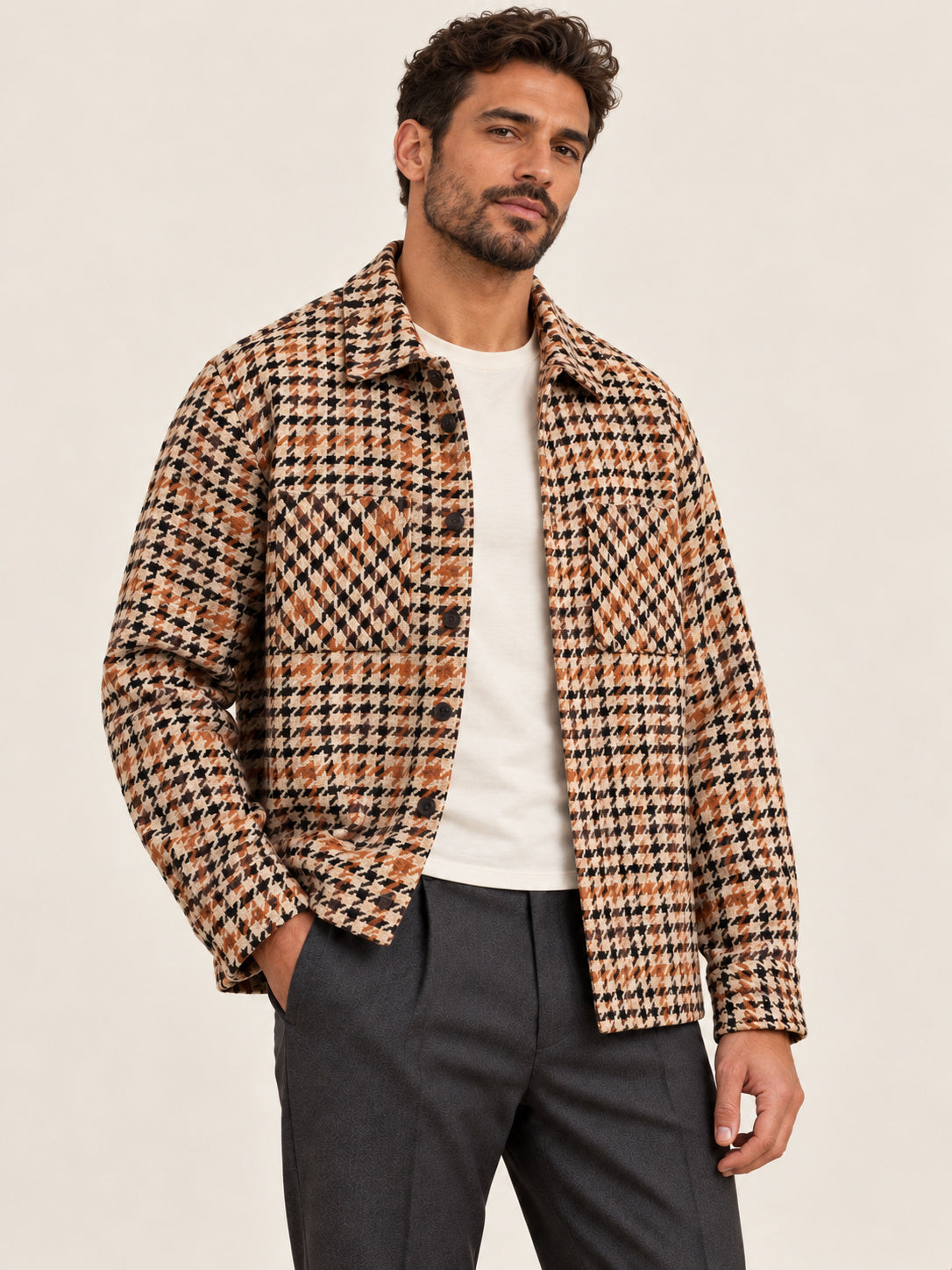 Natural Houndstooth-Weave Overshirt