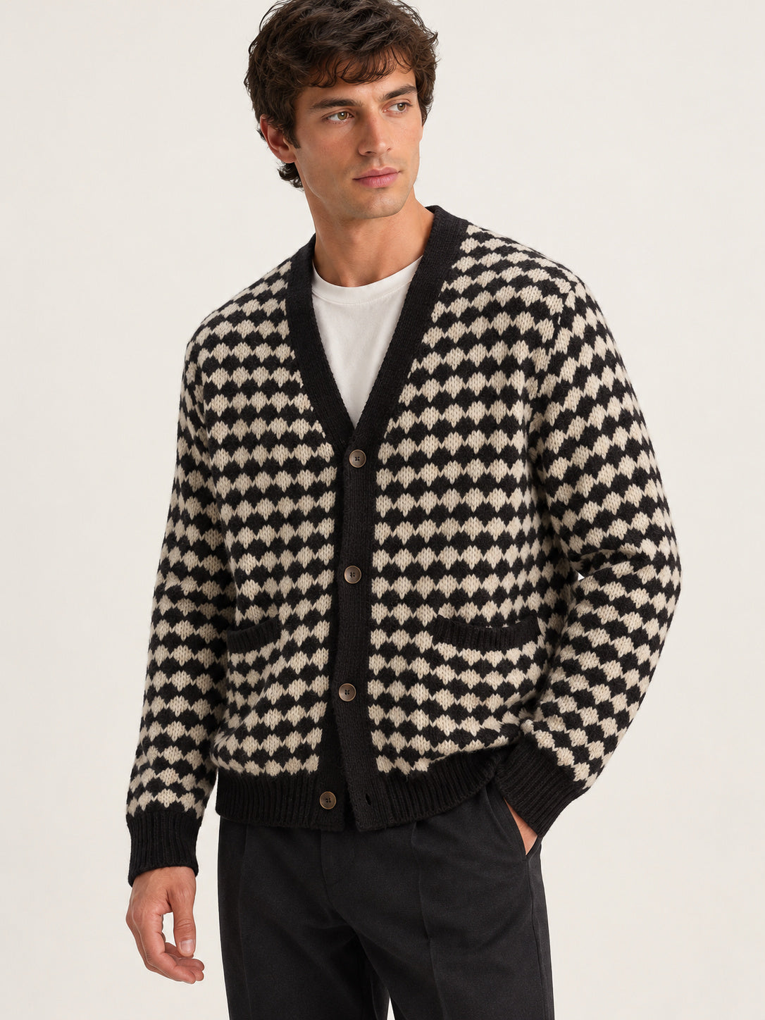 Black And Ecru Bubble Knit Cardigan