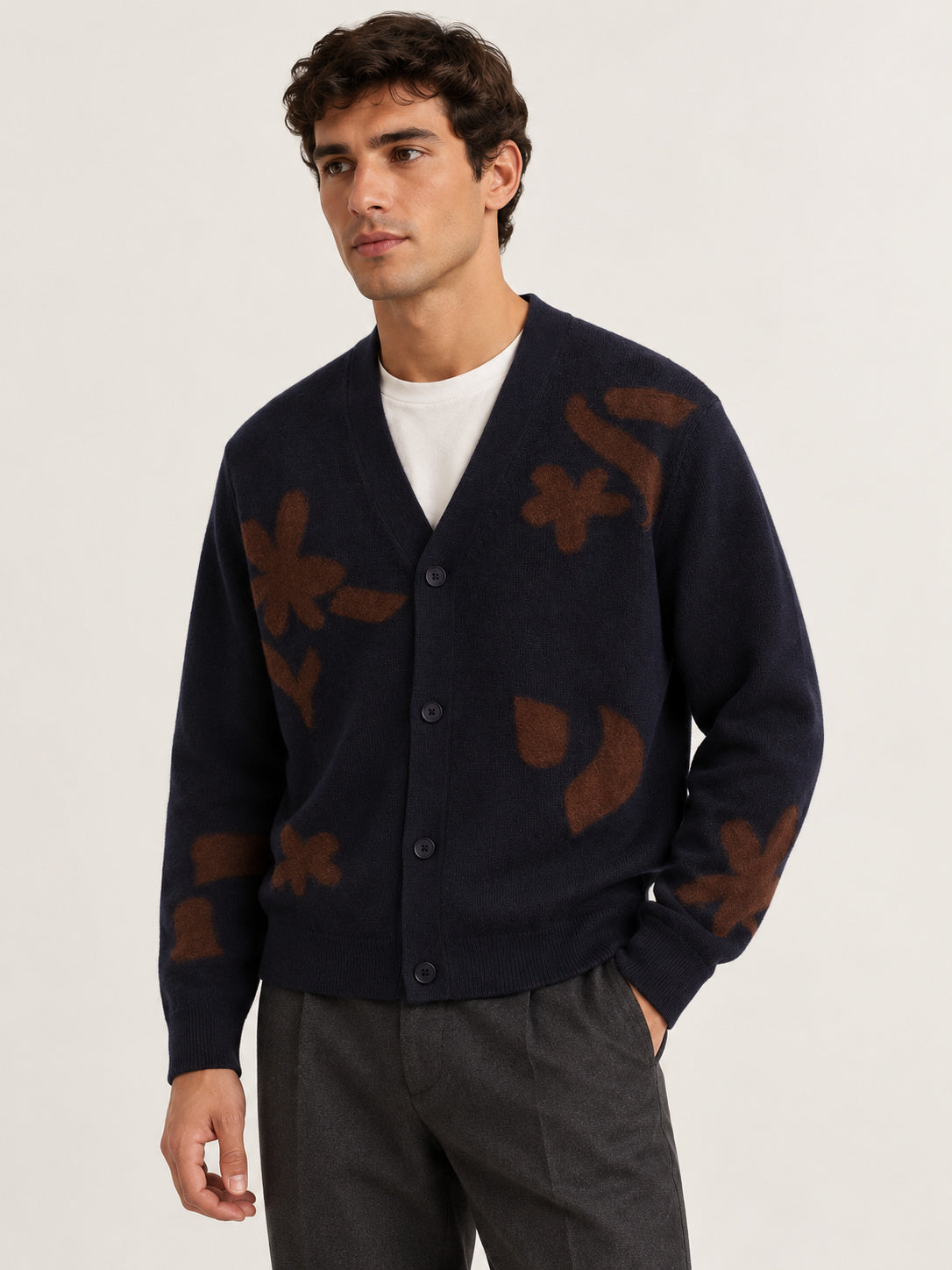 Navy And Brown Felted Applique Knit Cardigan