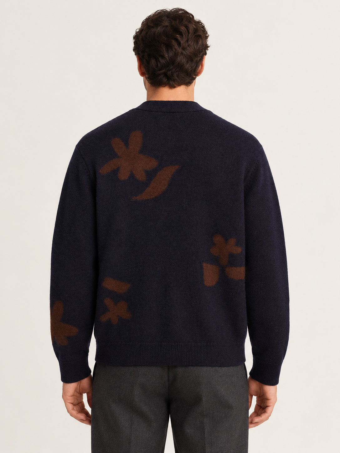 Navy And Brown Felted Applique Knit Cardigan