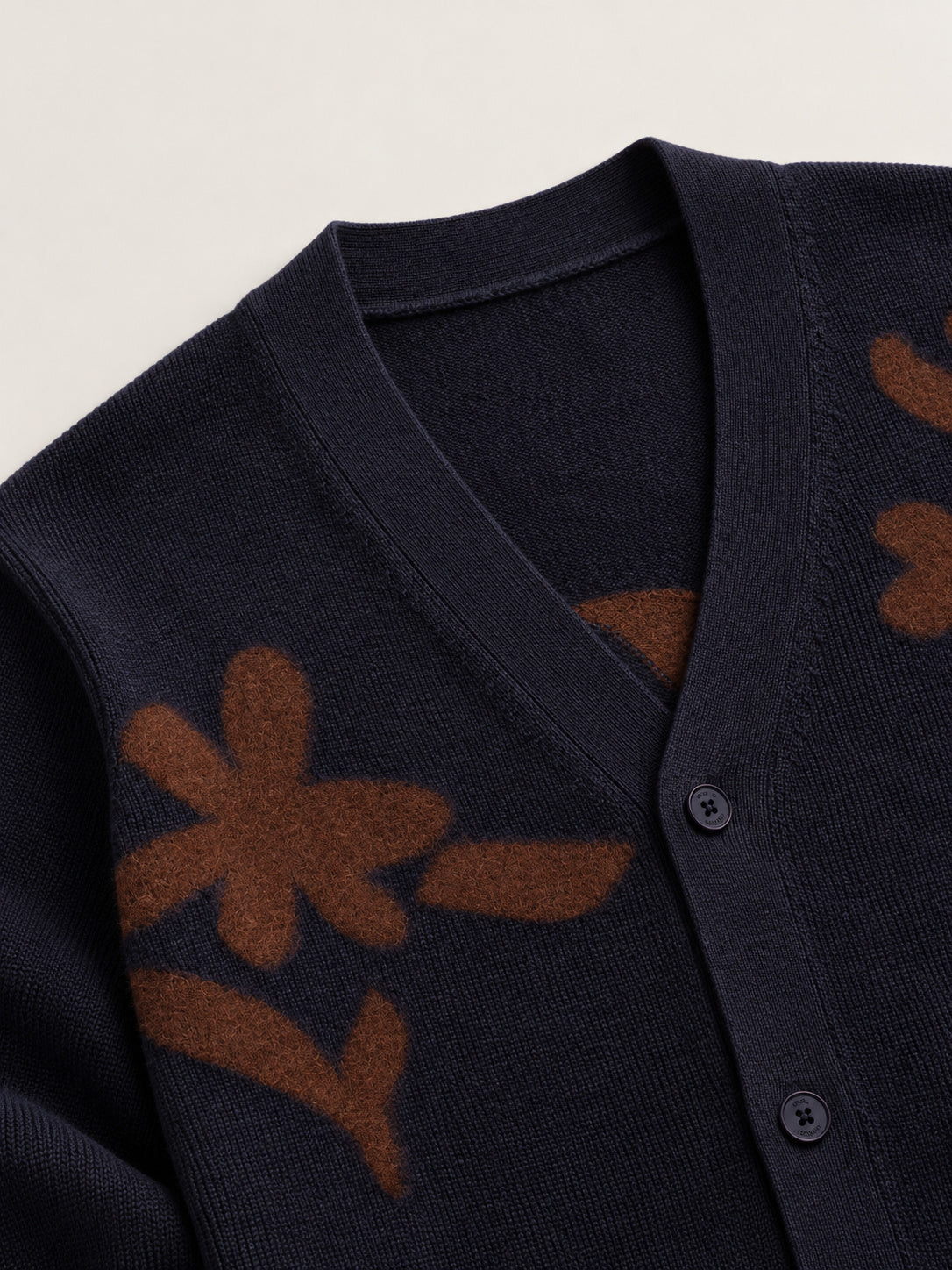 Navy And Brown Felted Applique Knit Cardigan