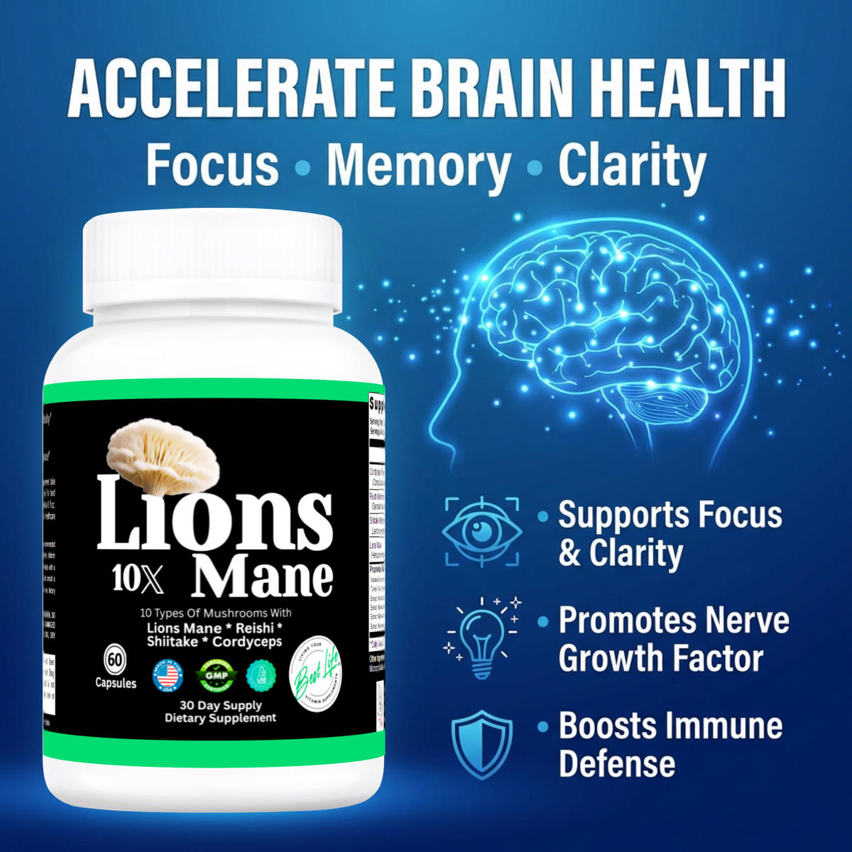 Lion's Mane Mushroom Supplement + Reishi Extract, Shiitake Extract Mushrooms, A Perfect Proprietary Blend
