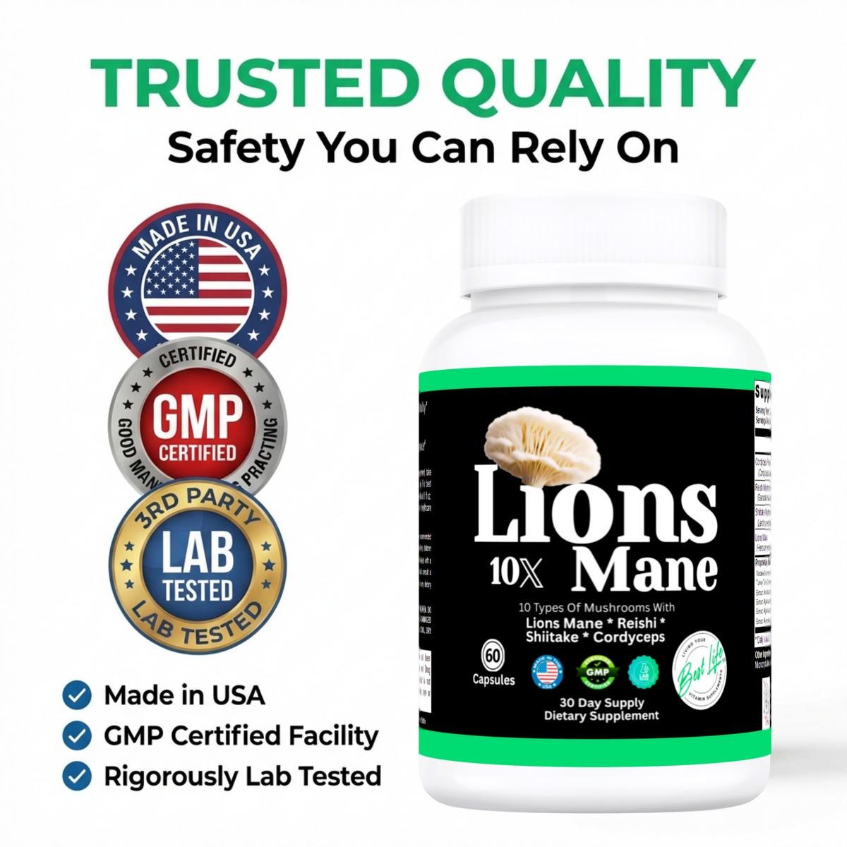 Lion's Mane Mushroom Supplement + Reishi Extract, Shiitake Extract Mushrooms, A Perfect Proprietary Blend